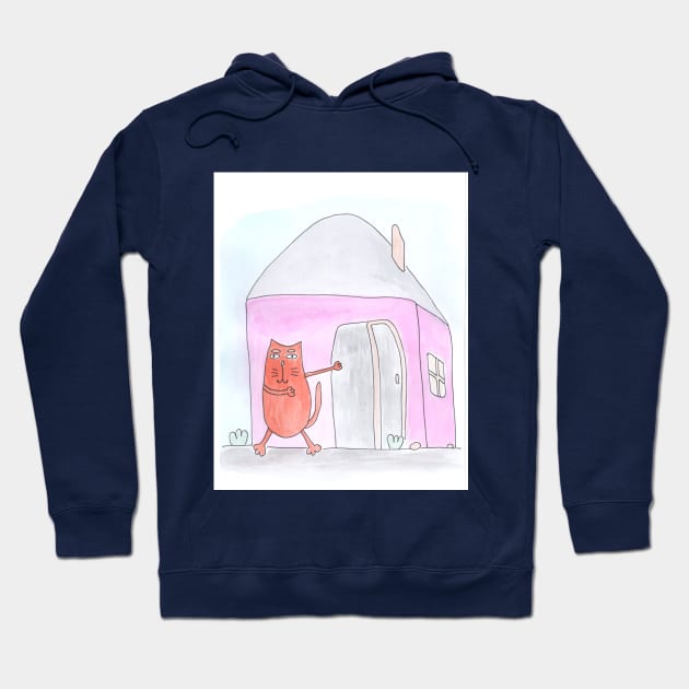 Cat points to the house. Real estate, rent, housewarming. Watercolor illustration humorous. Humor, fun design modern Hoodie by grafinya